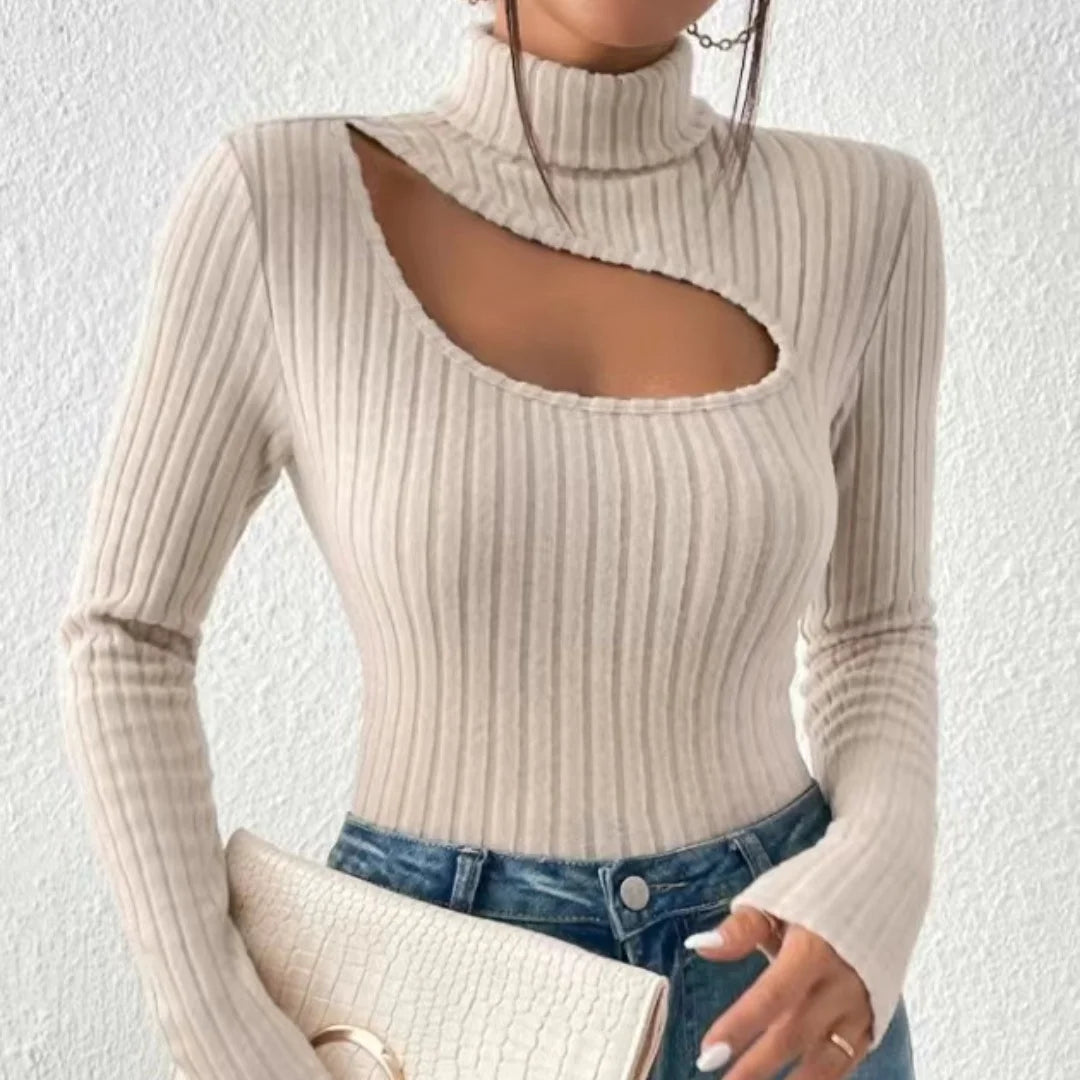 Hollow-Out Turtleneck Women's Long Sleeve Ribbed Knitted Sweater