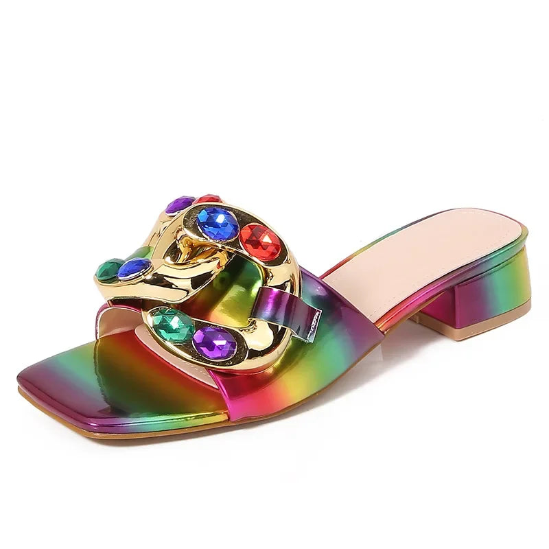 Gold Chain Detail Gradient Ombre Pattern Open Toe Women's Flat Square Heel Sandals