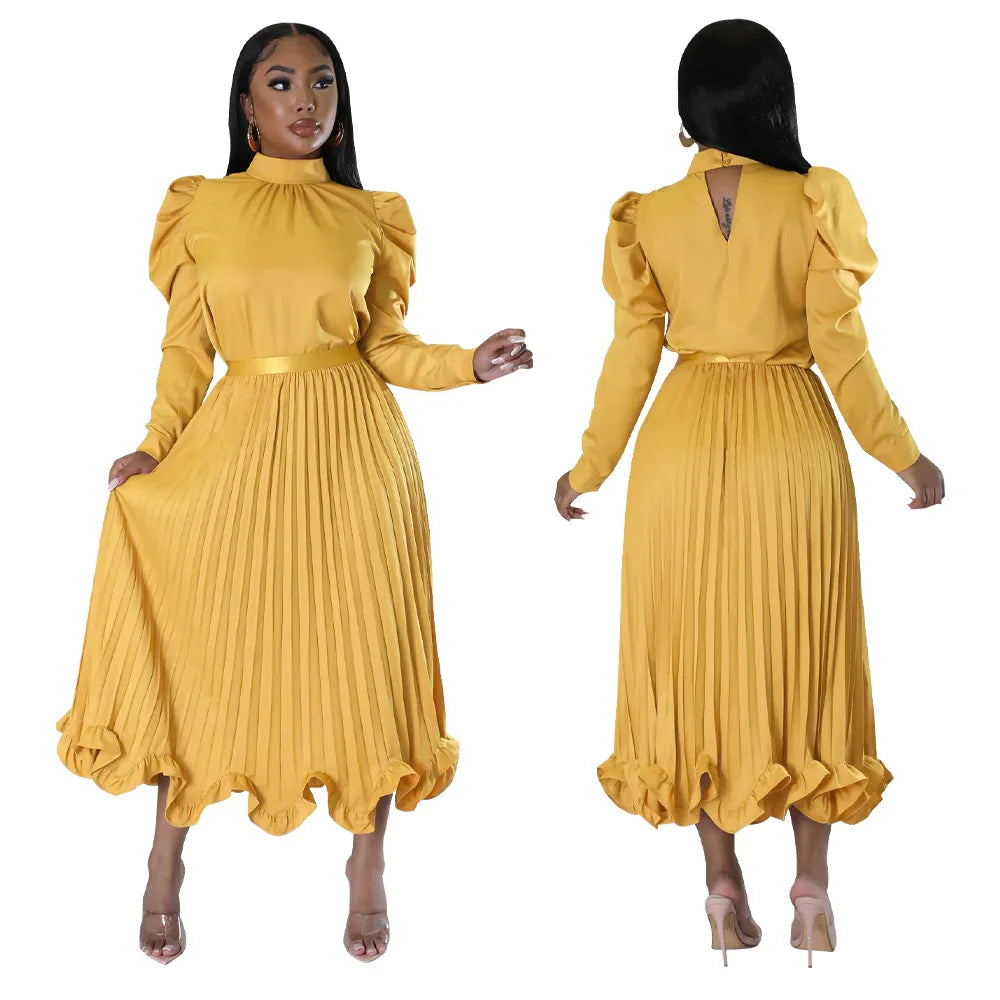 Women’s Solid Color O-Neck Lantern Sleeve Blouse + A-Line Flounce Formal Pleated Maxi Skirt w/ Sash Belt 2-Piece Set