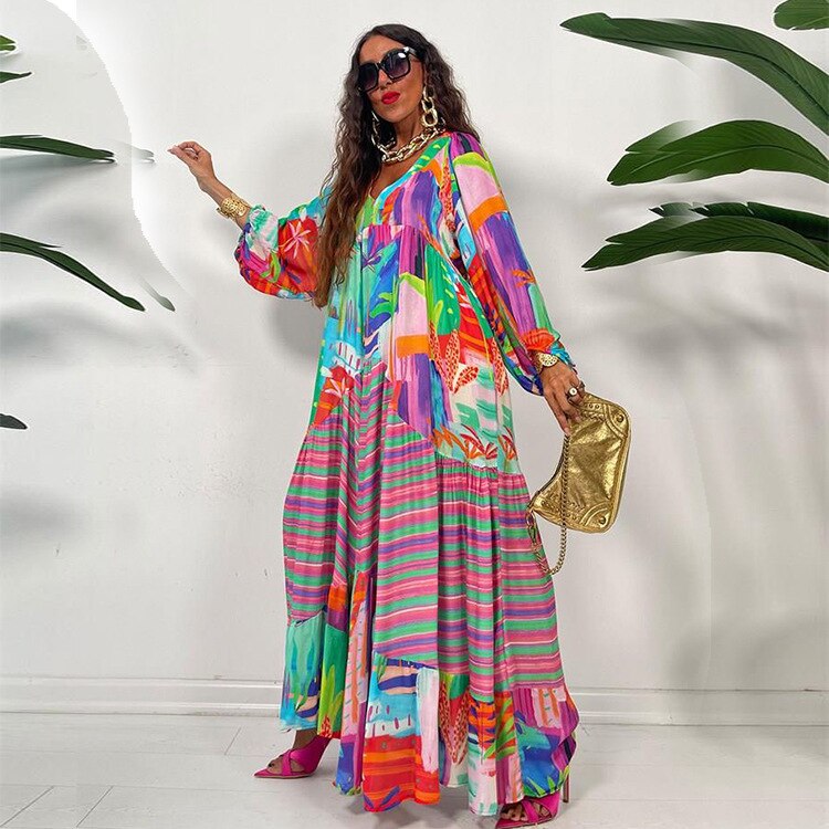 Oversized Long Sleeve V-Neck Printed Maxi Dress to 3X Plus