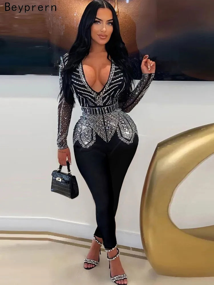 Sparkle Black/Silver Rhinestone Long Sleeve Crystal Deep V-Neck Jumpsuit