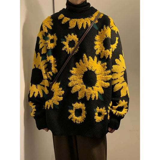 Unisex Sunflower O-Neck Pullover Loose Knitted Sweater