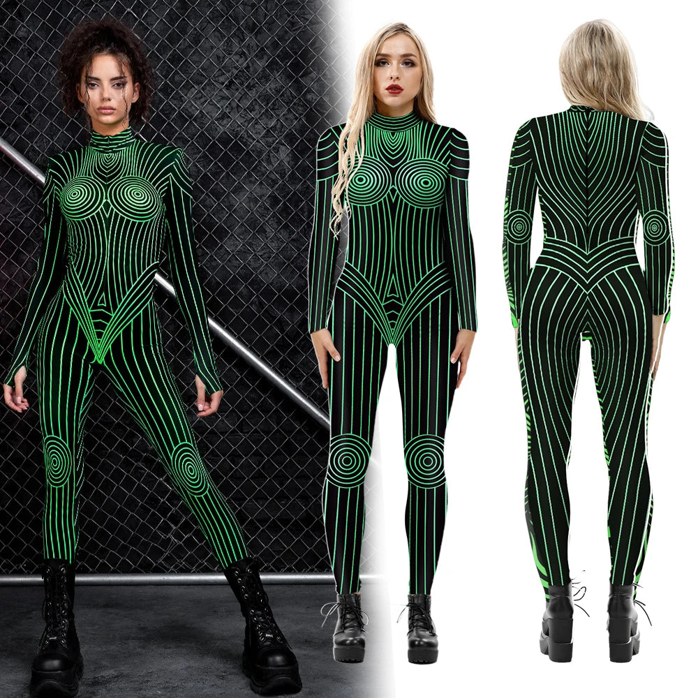 Geometric Striped Print Skin Tight Long Sleeve Cosplay Women's Jumpsuits