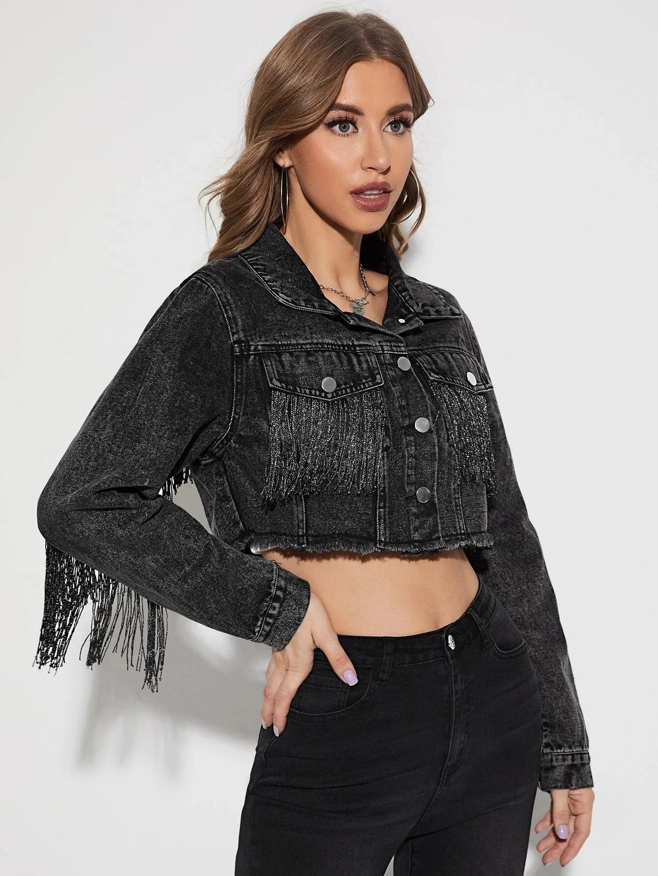 Women's Fringe Jacket Tassel Cropped Denim Jacket Raw Hem Ripped Crop Jean Jackets