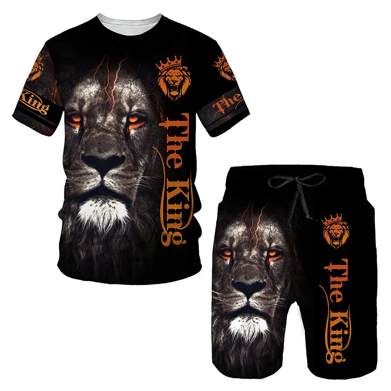 "The King" Lion 3D Graphic Men's Short Sleeve T-Shirt + Shorts 2-Piece Sets