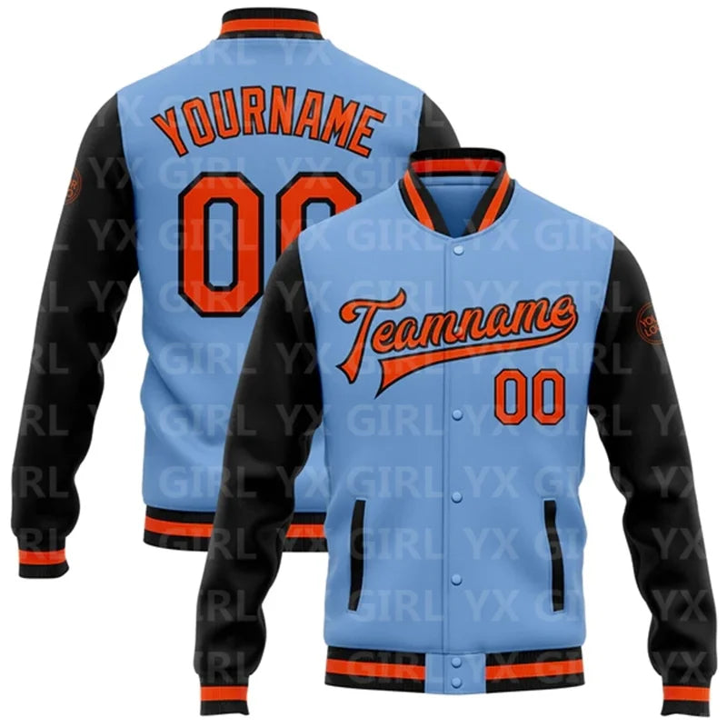 Customized Colorblock Personalized Light Blue w/ Pink/Black/Purple/Yellow 3D Letter Print Team Name Full-Snap Varsity Letterman Printed Baseball Button-Up Bomber Jacket