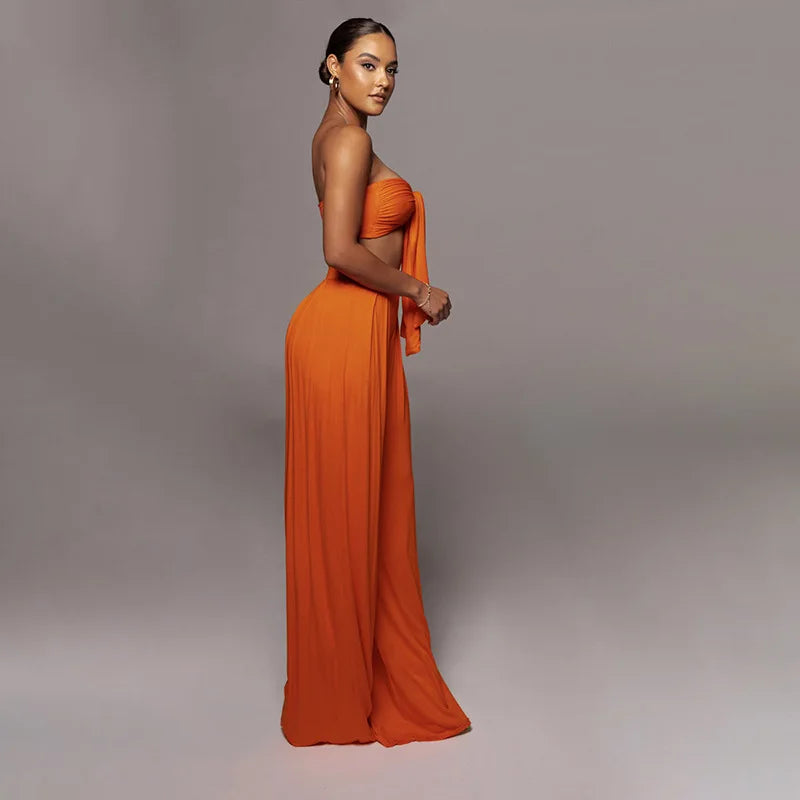 Sleeveless Bowknot Design Tube Top+ Wide Leg Pants Women's Solid Color 2-Piece Set