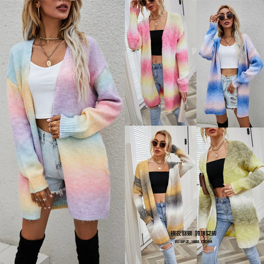 Rainbow Colorblock Striped Tie-Dye Knitted Women's Long Sleeve Maxi Cardigan Sweater