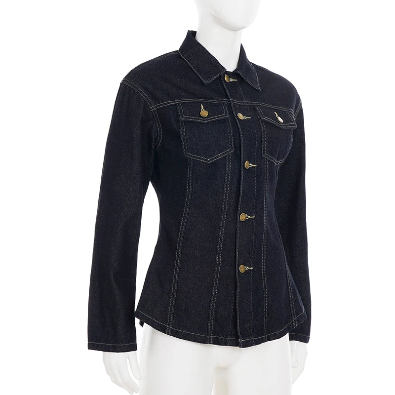 Denim Dark Blue Gold Button Detail Long Sleeve Turn-Down Collar Solid Color Women's Jean Jacket