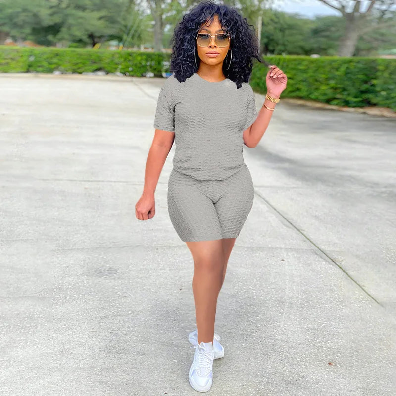 Texturized Sportswear O-Neck Solid Color Short Sleeve Women's T-Shirt + Shorts 2-Piece Fitness Workout Set