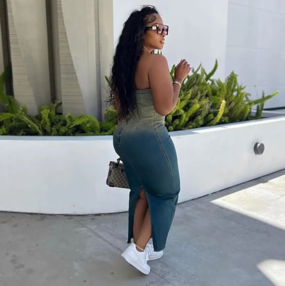 Gradient Colorblock Denim Sleeveless Backless Skinny High Slit Maxi Tube Jean Dress