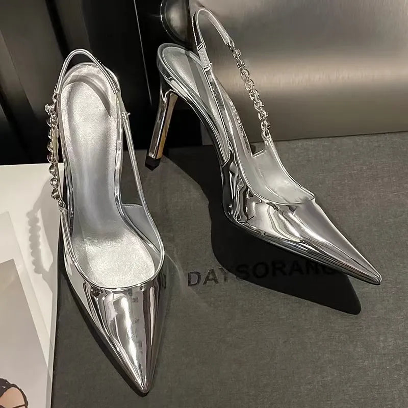 Metallic Slingback Crystal Sandals Pointed Toe Stiletto Heel Mule Pumps