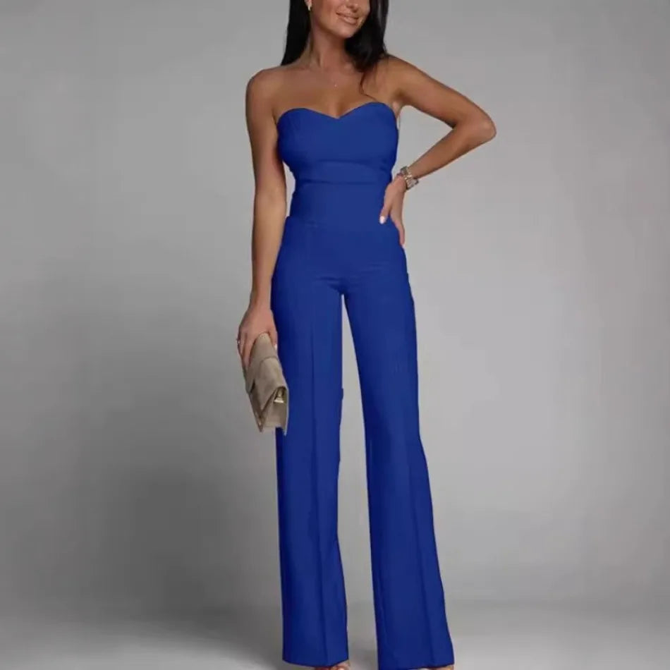 Sleeveless Strapless Solid Color Straight Women's Formal Party Tube Jumpsuit