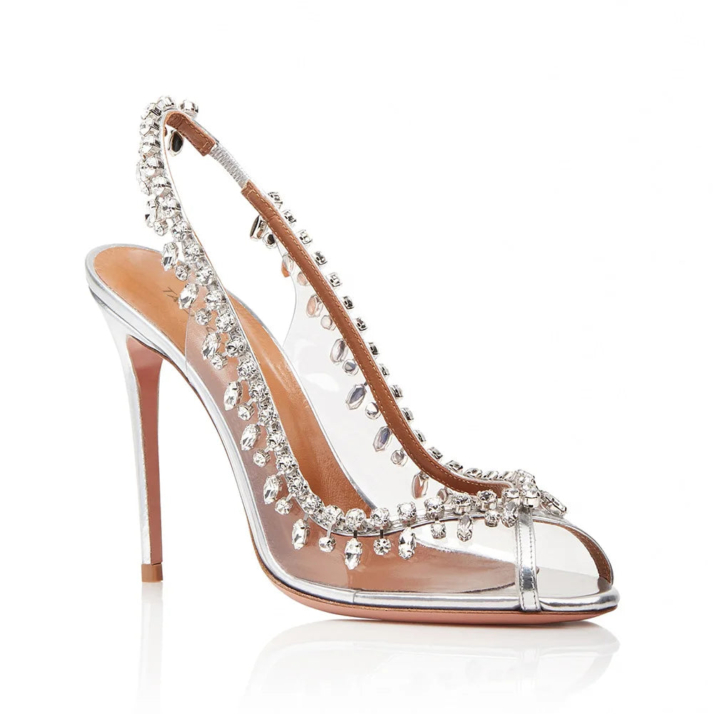PVC Transparent Rhinestone Chain Detail Fish Mouth Transparent Stiletto Heel Slingback Formal Bridal/Party Pumps
