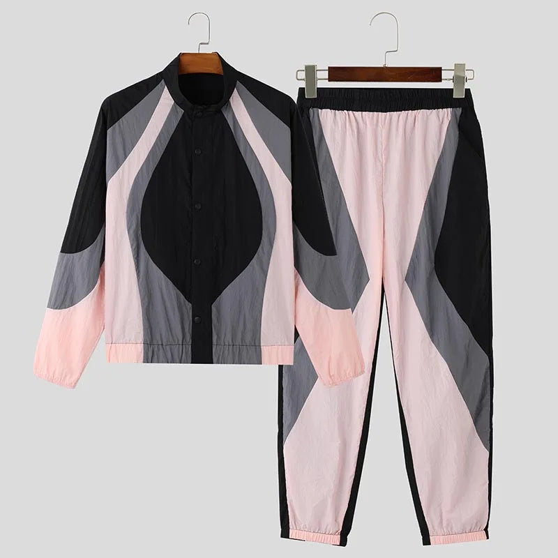 Men's Patchwork Spliced Colorblock Zipper Sports Jacket + Elastic Waist Fitness Sweatpants Tracksuit