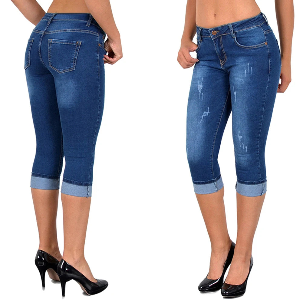 Solid Stretch Ladies Knee-Length Denim High Waist Skinny Jean Capri Pants