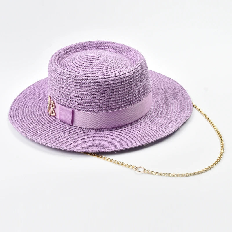 Straw Gold Chain Women's Ribbon Decor Fedora Hat