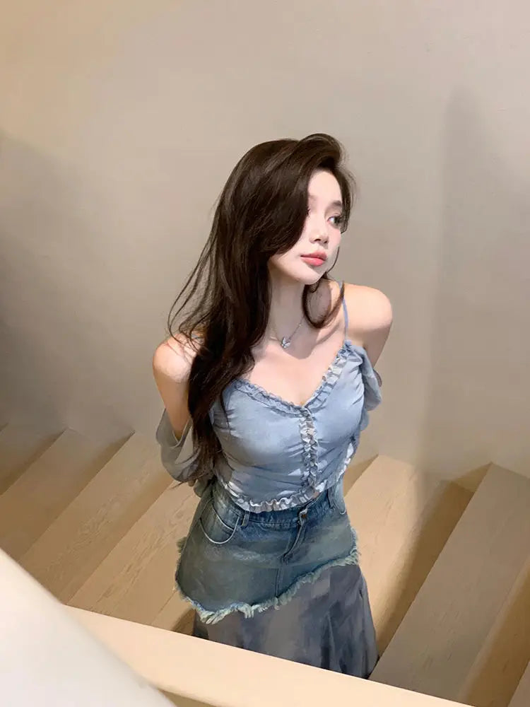 Retro Denim Patchwork Mesh Transparent Fishtail Design High Waisted Ruffled Jean Sheer Contrast Maxi Skirt