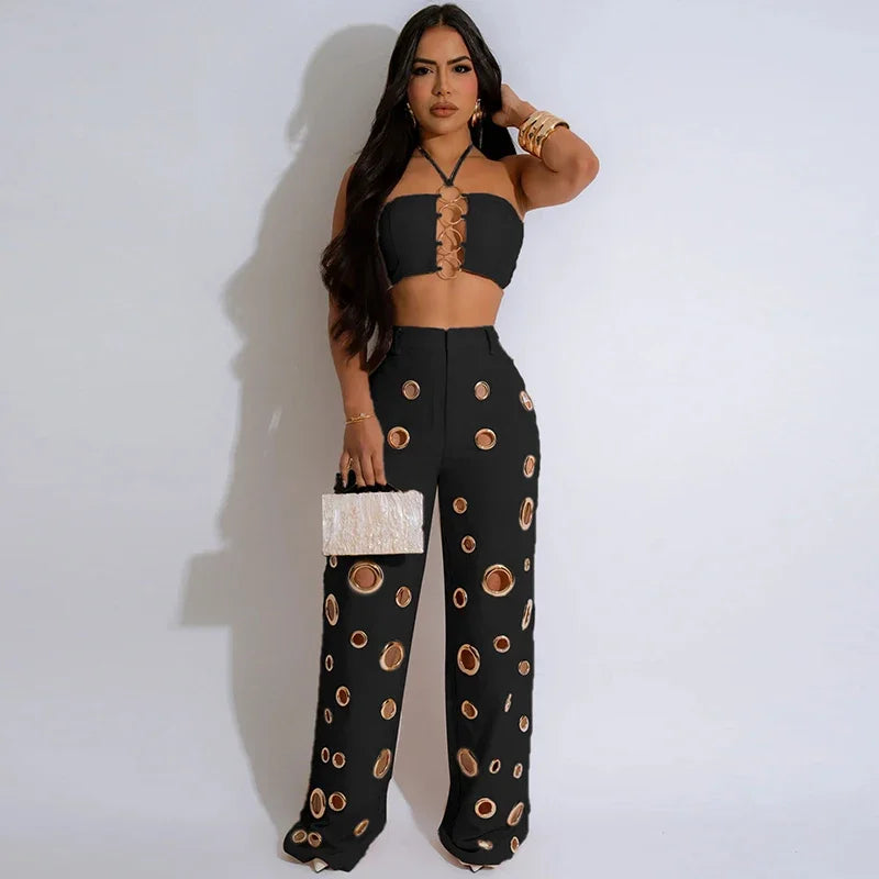 Strapless Women's Crop Halter Top + Hole Design Hollow-Out Wide Leg Pants 2-Piece Set