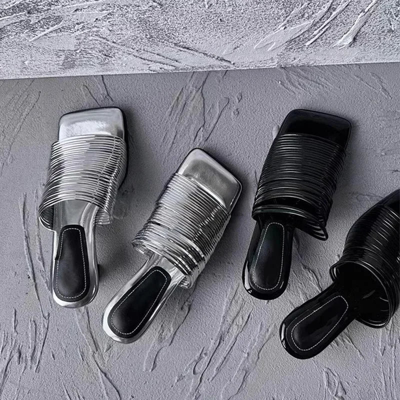 Metallic Square Toe Women's Solid Color Low Heel Sandals