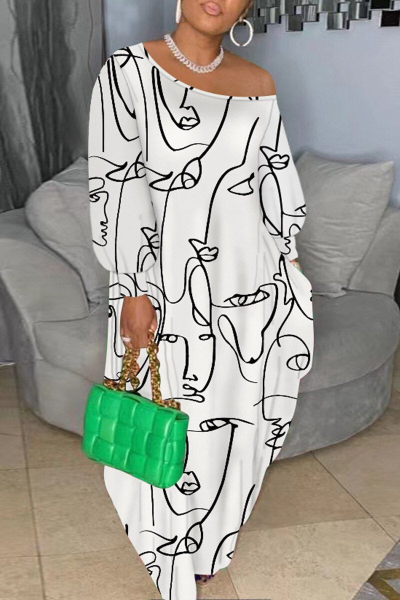 Loose Printed O Neck Off Shoulder Long Sleeve Maxi Dress