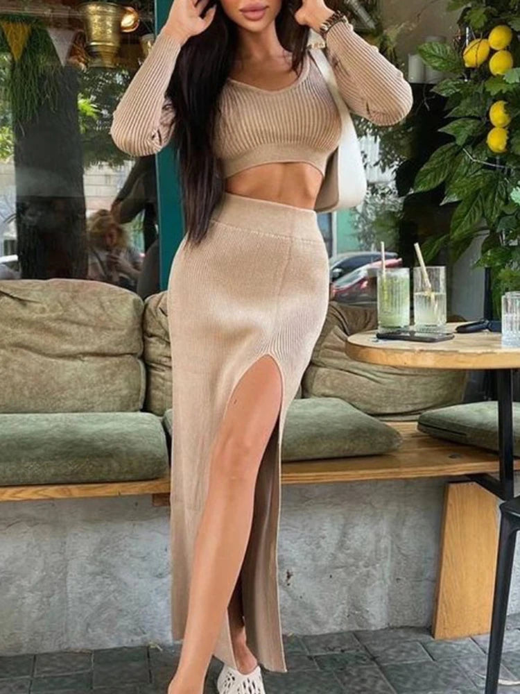 Knitted Y2K Solid Long Sleeve Pullover V-Neck Crop Sweater + High Slit Maxi Skirt 2-Piece Set