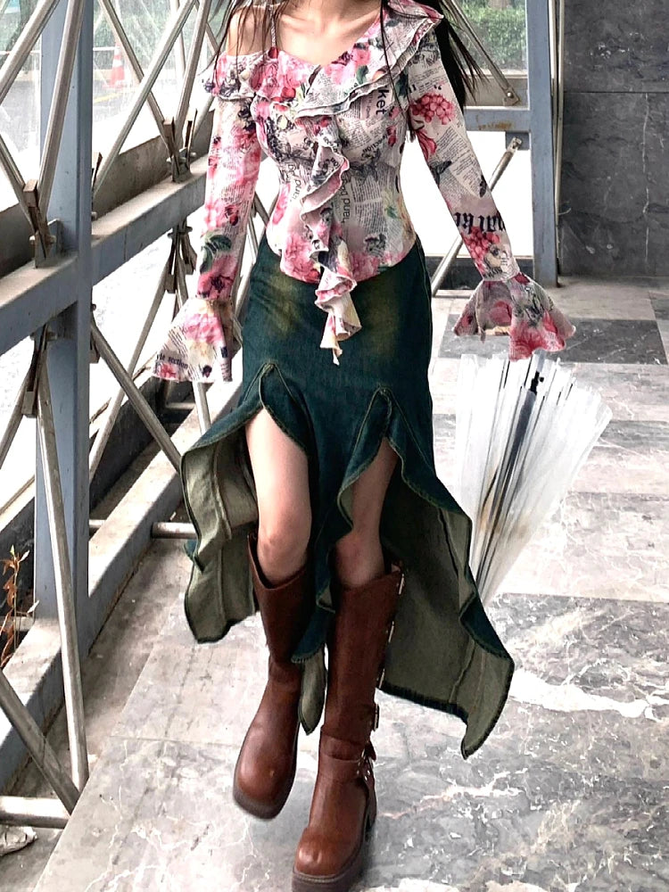 Denim Ruffled Washed Grunge Cyber Punk Double High Slit Coquette Maxi Jean Skirt