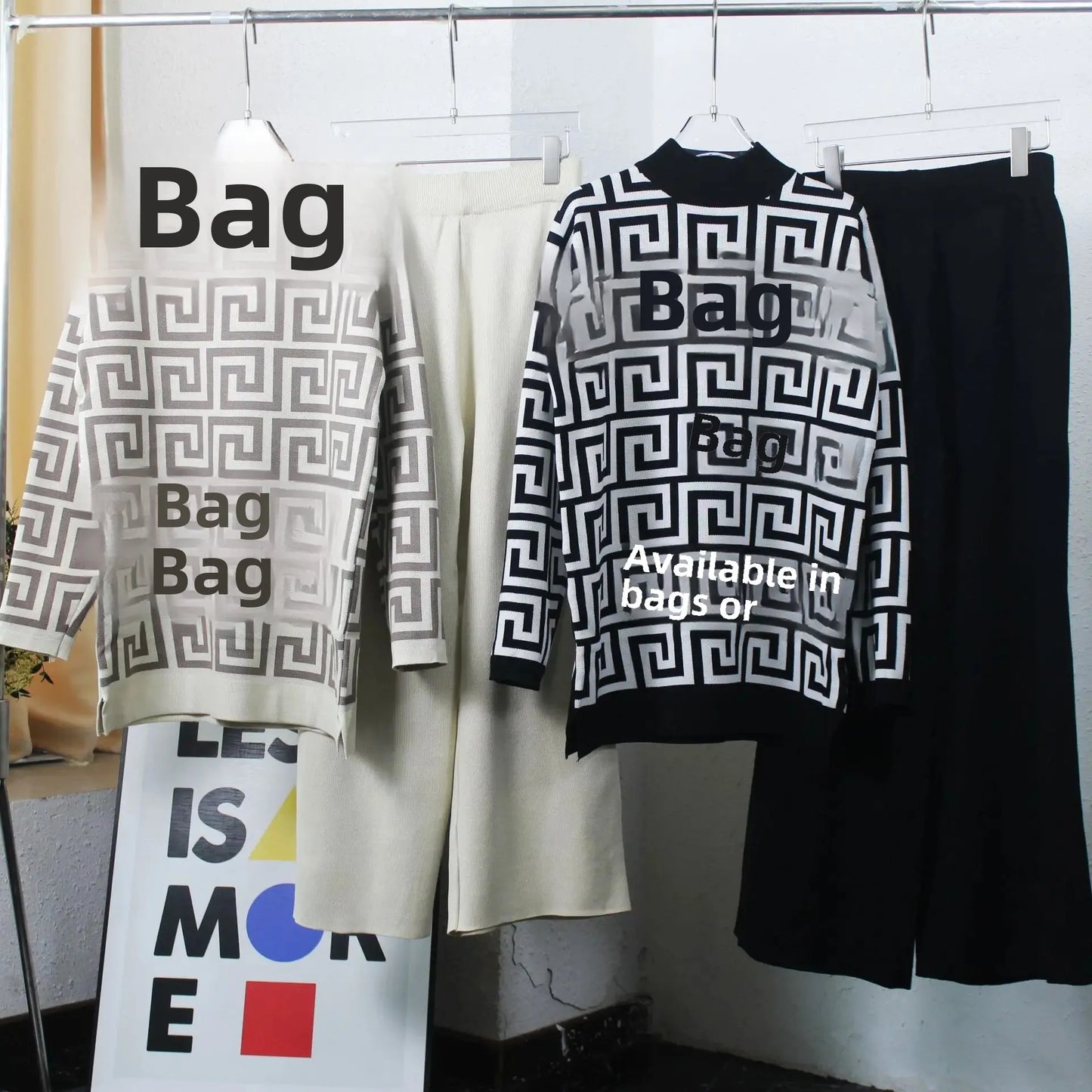 Geometric Colorblock High Collar Sweater + Wide Leg Pants Women's 2-Piece Set