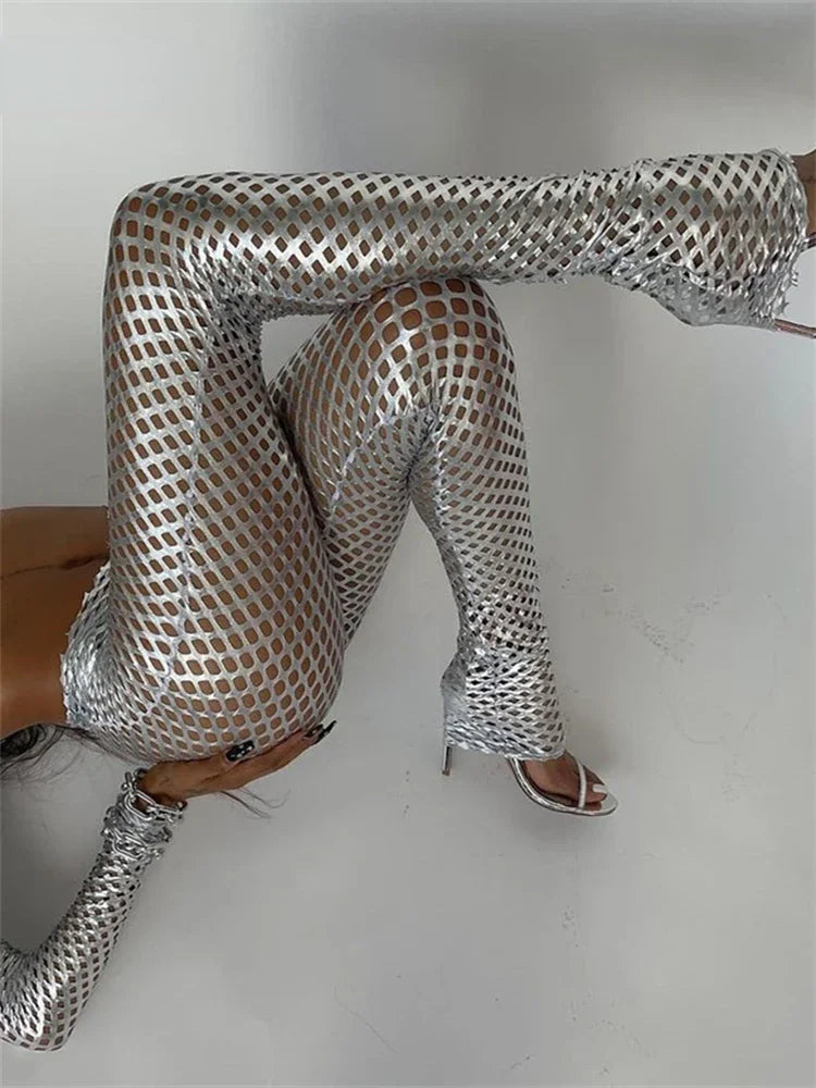 Silver Metallic Hollow-Out Hole Pattern Long Sleeve Crop Top + Streetwear Skinny Elastic Waist Pants 2-Piece Set