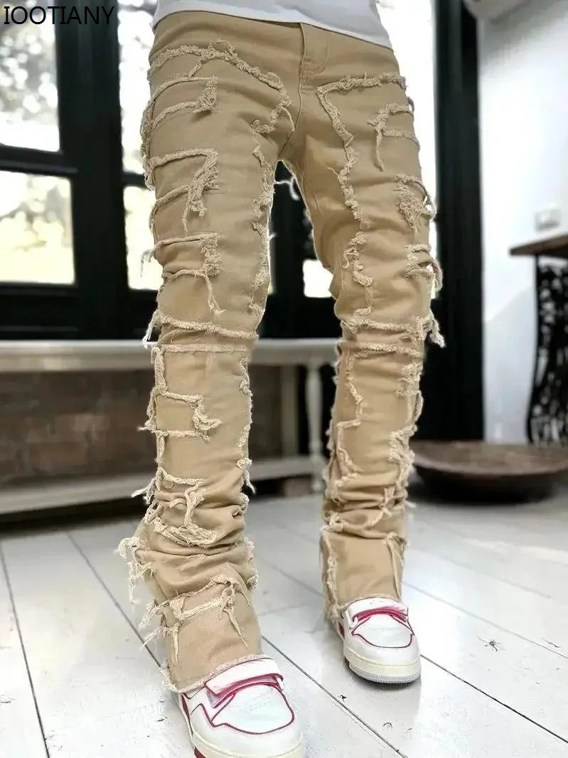 Men's Denim Fringe Ripped Hip-Hop Stretch Stacked Elastic Waist Straight Patchwork Jeans