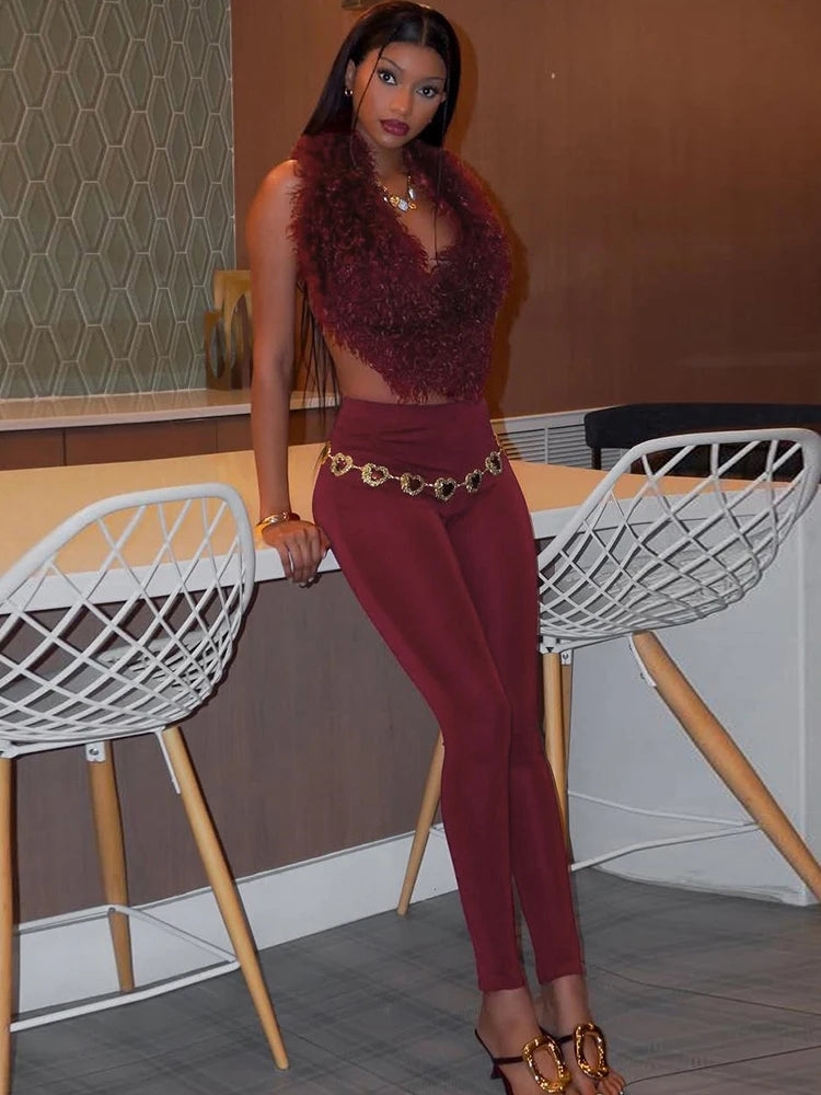 Sleeveless Faux Fur Tassel Lace-Up Halter Women's V-Neck Backless Vest + Elastic Leggings 2-Piece Set