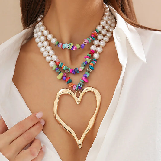 Exaggerated Simulated Pearl Beaded Hollow Heart Choker Necklace