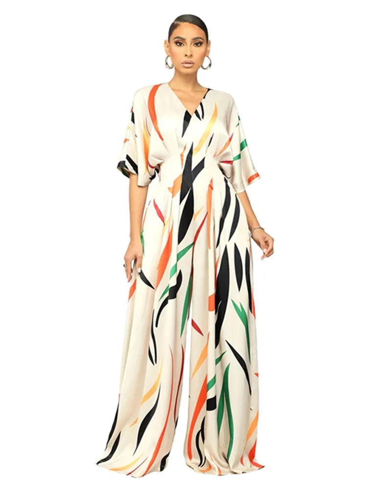 Rainbow Swirl Design V-Neck Short Sleeve Wide Leg Jumpsuit