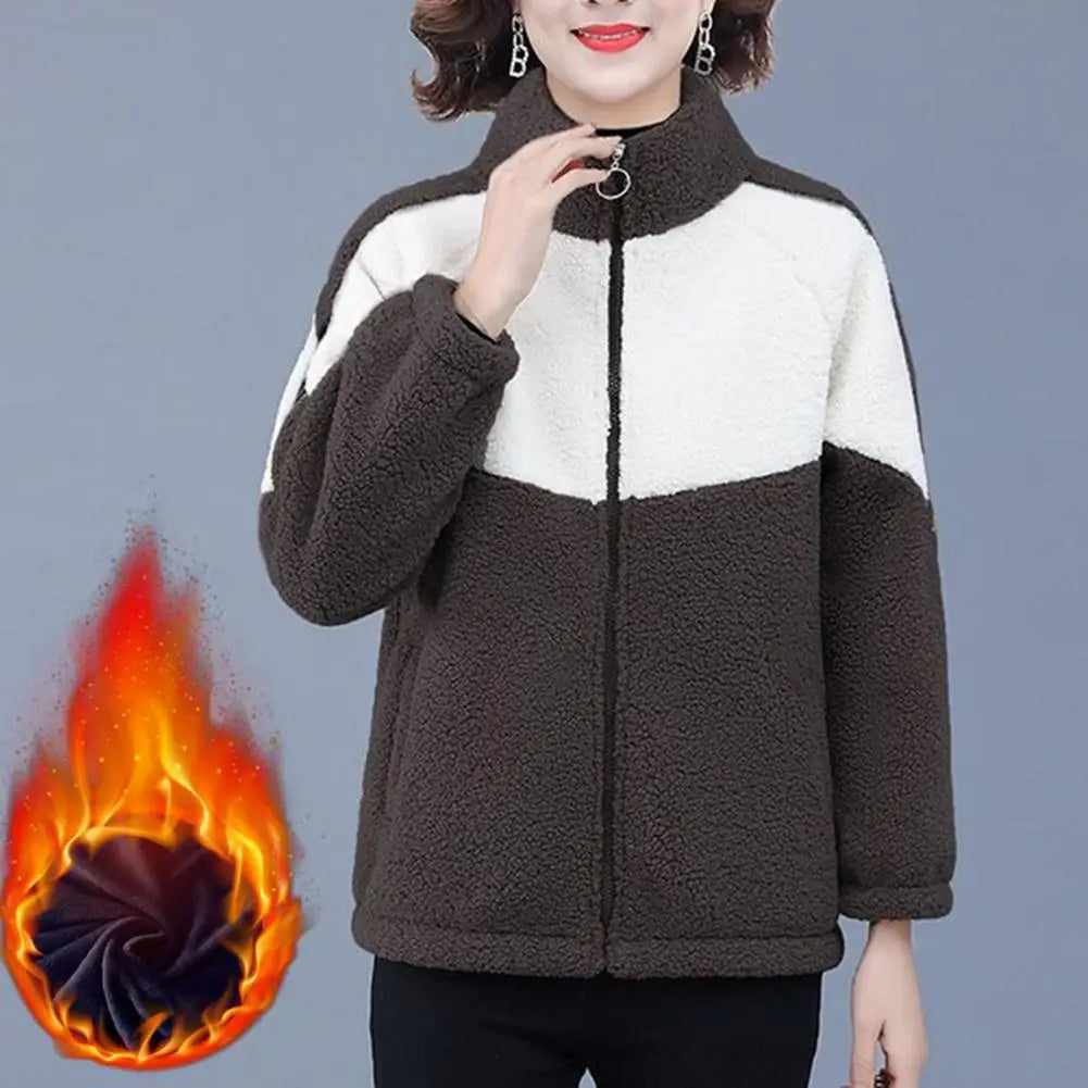 Colorblock Plush Fleece Women's Stand Collar Zipper Cardigan Jacket