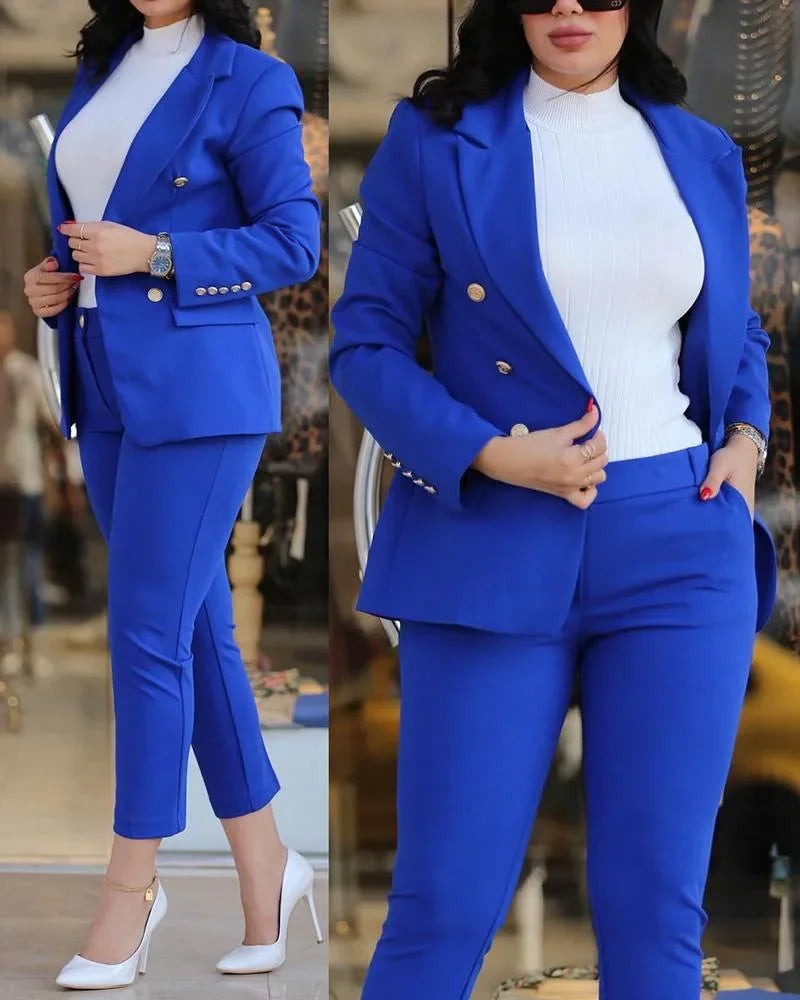 Gold Button Design Women's Solid Color Long Sleeve Blazer Jacket & High Waist Pencil Pants Business Suit