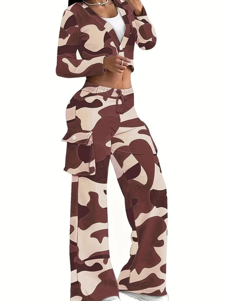 Colored Camoflauge Print Cropped Button-Up Jacket & Cargo Pocketed Elastic Waist Wide Leg Sweatpants Women's Tracksuit