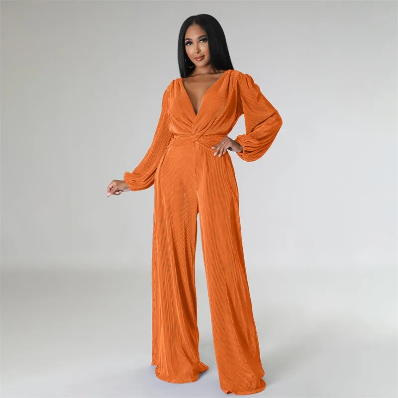 Bubble Sleeve V-Neck High Waist Wide Leg Jumpsuit