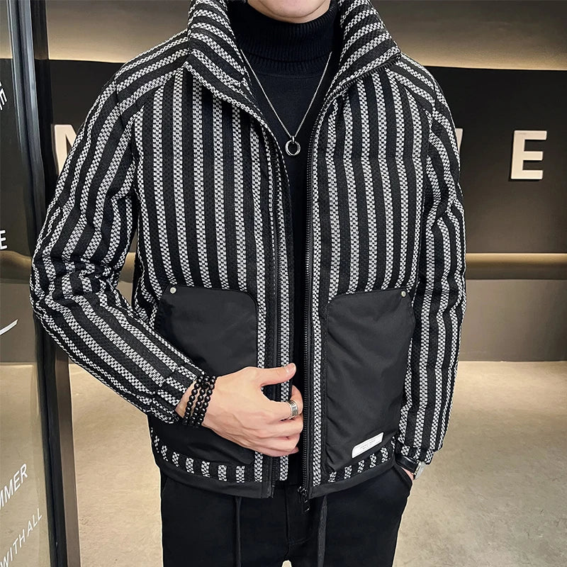 Men's Striped Colorblock Pocket Zipper Down Feather Jacket