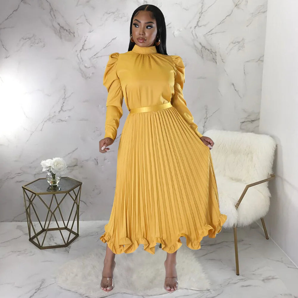 Women’s Solid Color O-Neck Lantern Sleeve Blouse + A-Line Flounce Formal Pleated Maxi Skirt w/ Sash Belt 2-Piece Set