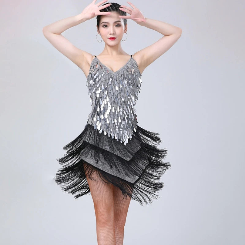 Sparkling Sequined Tassel Fringe Detail Salsa Samba Rumba Tango Latin Dance Flapper Dress