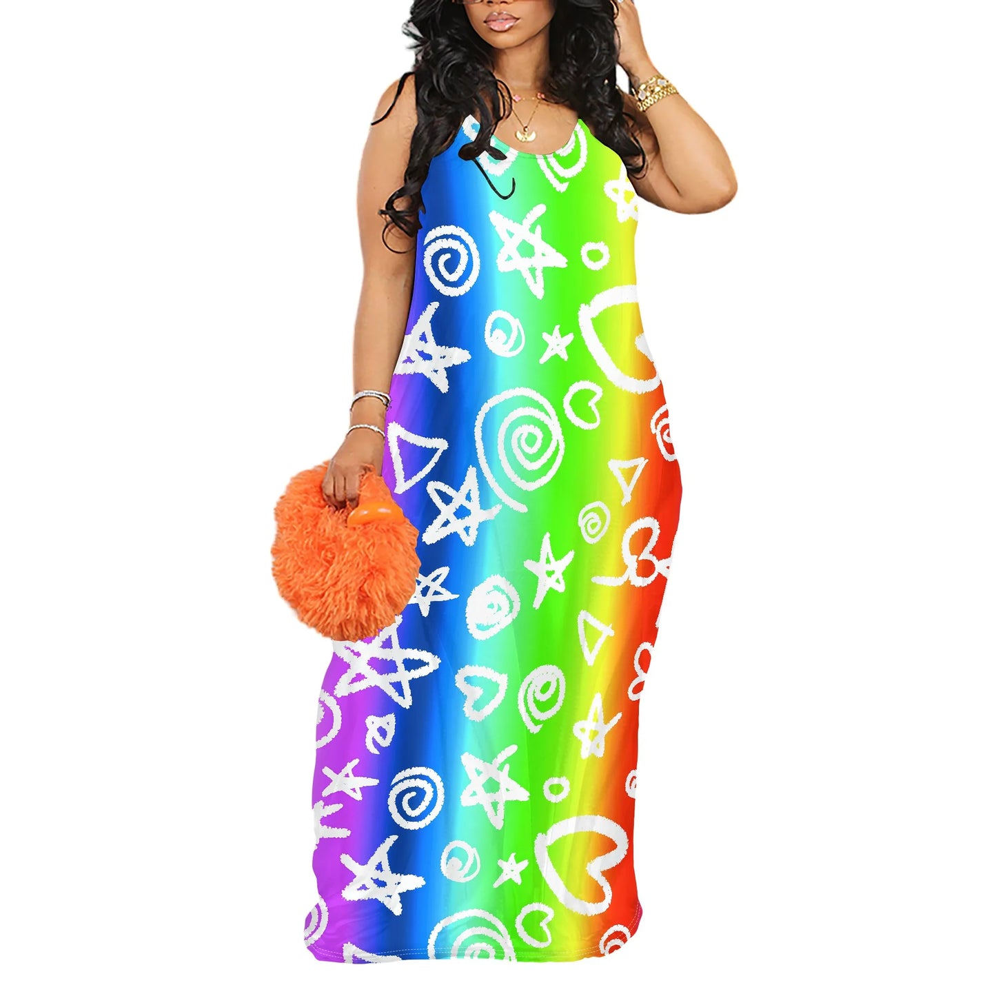 Camo/Tie-Dye/Plaid/Geometric/Colorblock/Rainbow Print V-Neck Spaghetti Strap Print Dress Maxi Dress to 3X Plus Size