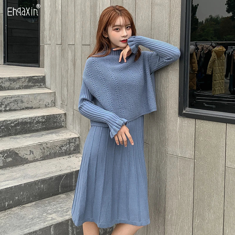 Solid Long Sleeve Pullover Sweater + Knitted Pleated Midi Skirt 2-Piece Set