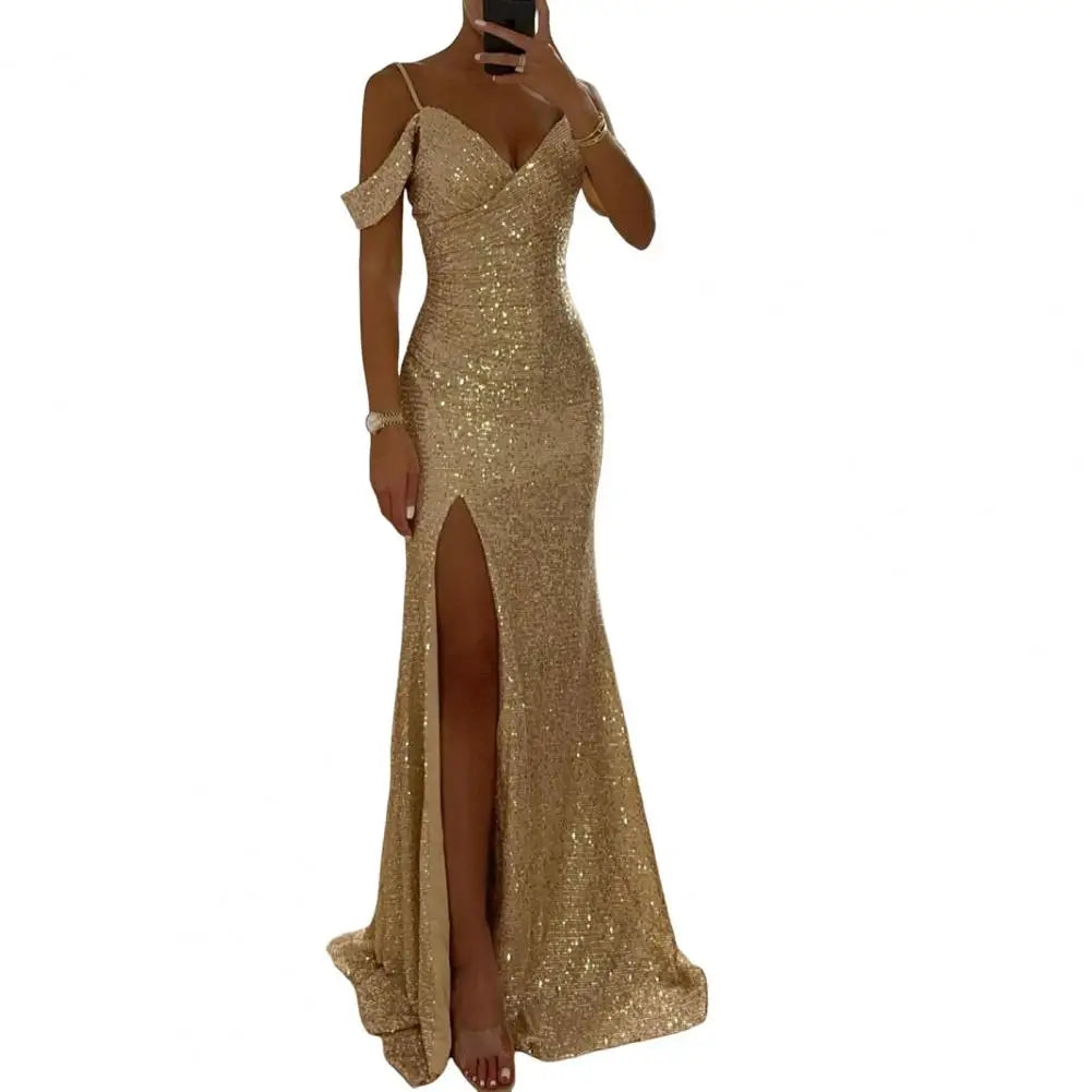 Shiny Sparkling Sequin Off-the-Shoulder V-Neck High Side Slit Party Maxi Dress