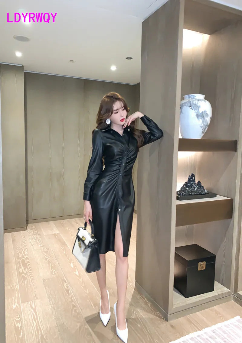 2021 spring new European station women's clothing temperament celebrity small pleated waist PU leather dress