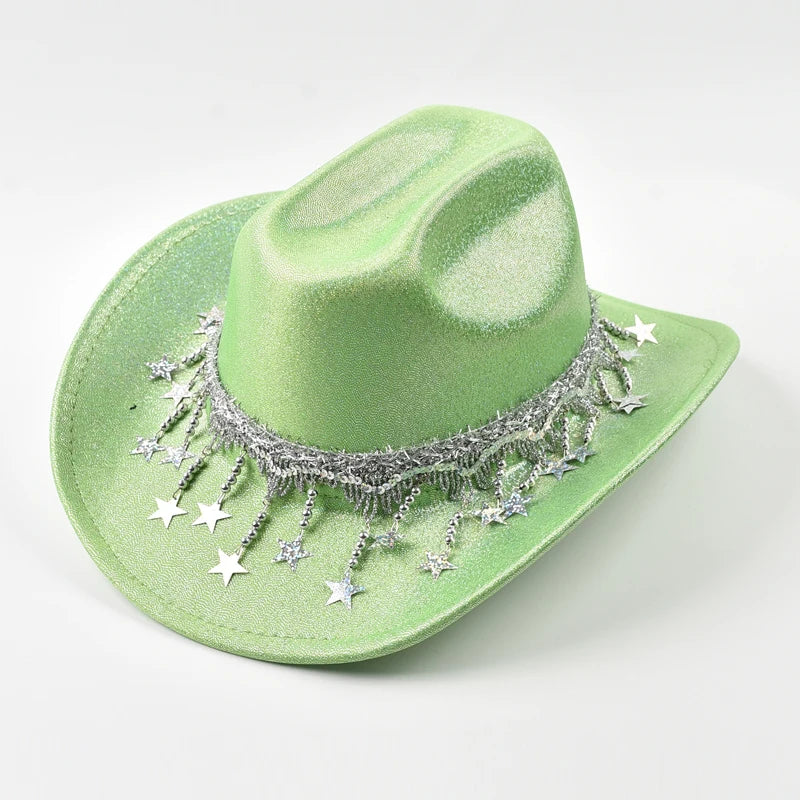 Sequin Rhinestone Metallic Tassel Fringe Women's Cowgirl Fedora Hat