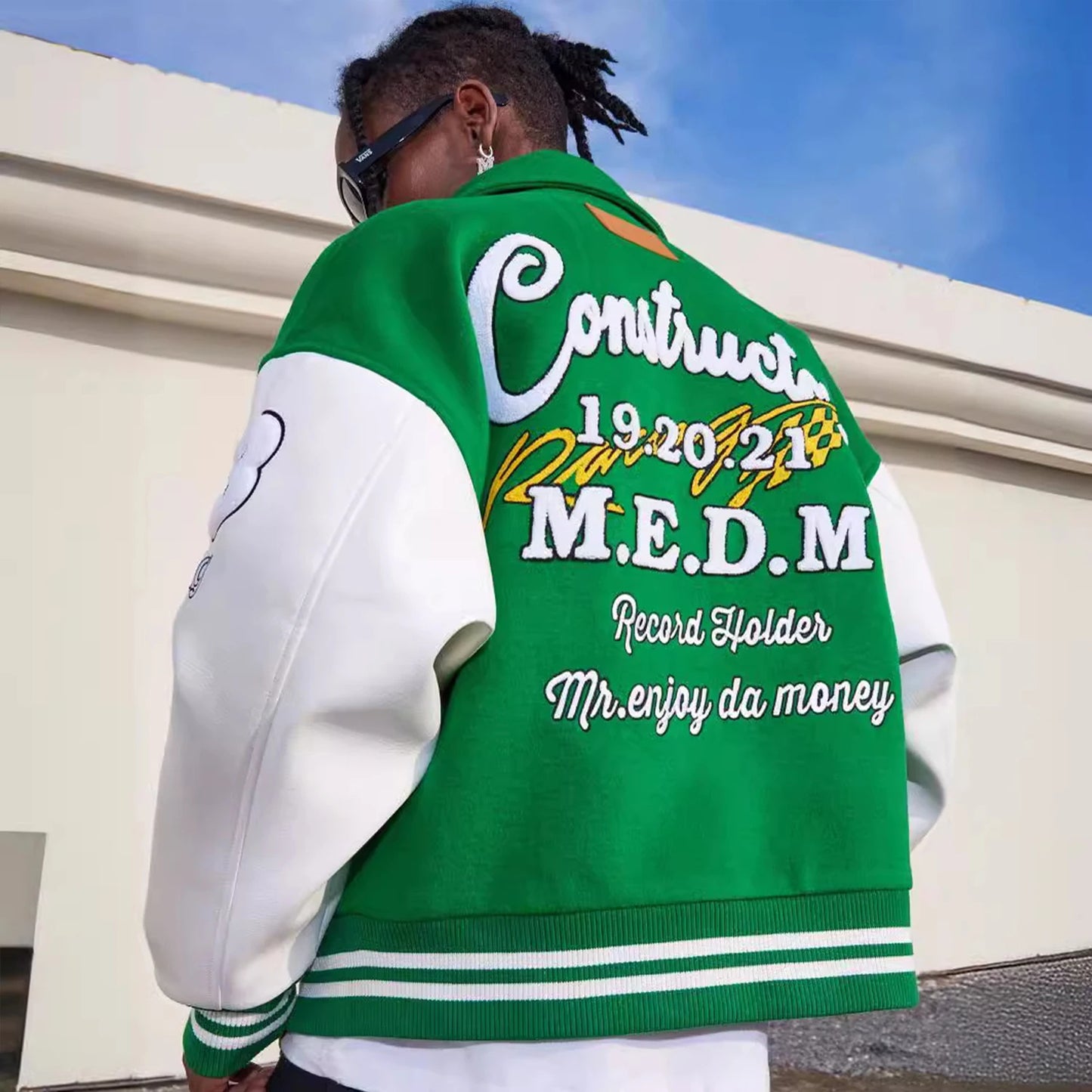 Unisex Varsity Letterman's Rib Sleeve Wool Baseball Bomber Patchwork Jackets