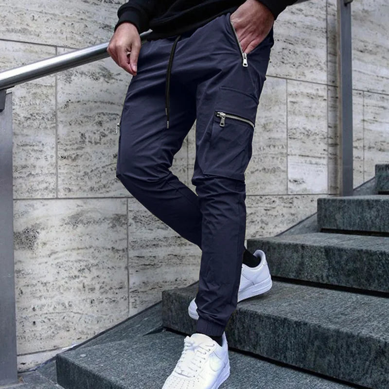 Men's Zipper Pocket Design Drawstring Solid Cargo Pants
