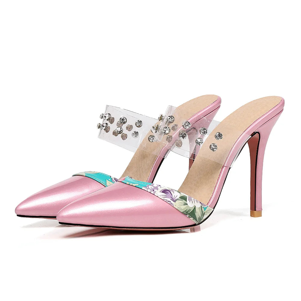 Floral Print Studded Rhinestone Transparent Strap Slip-On Pumps