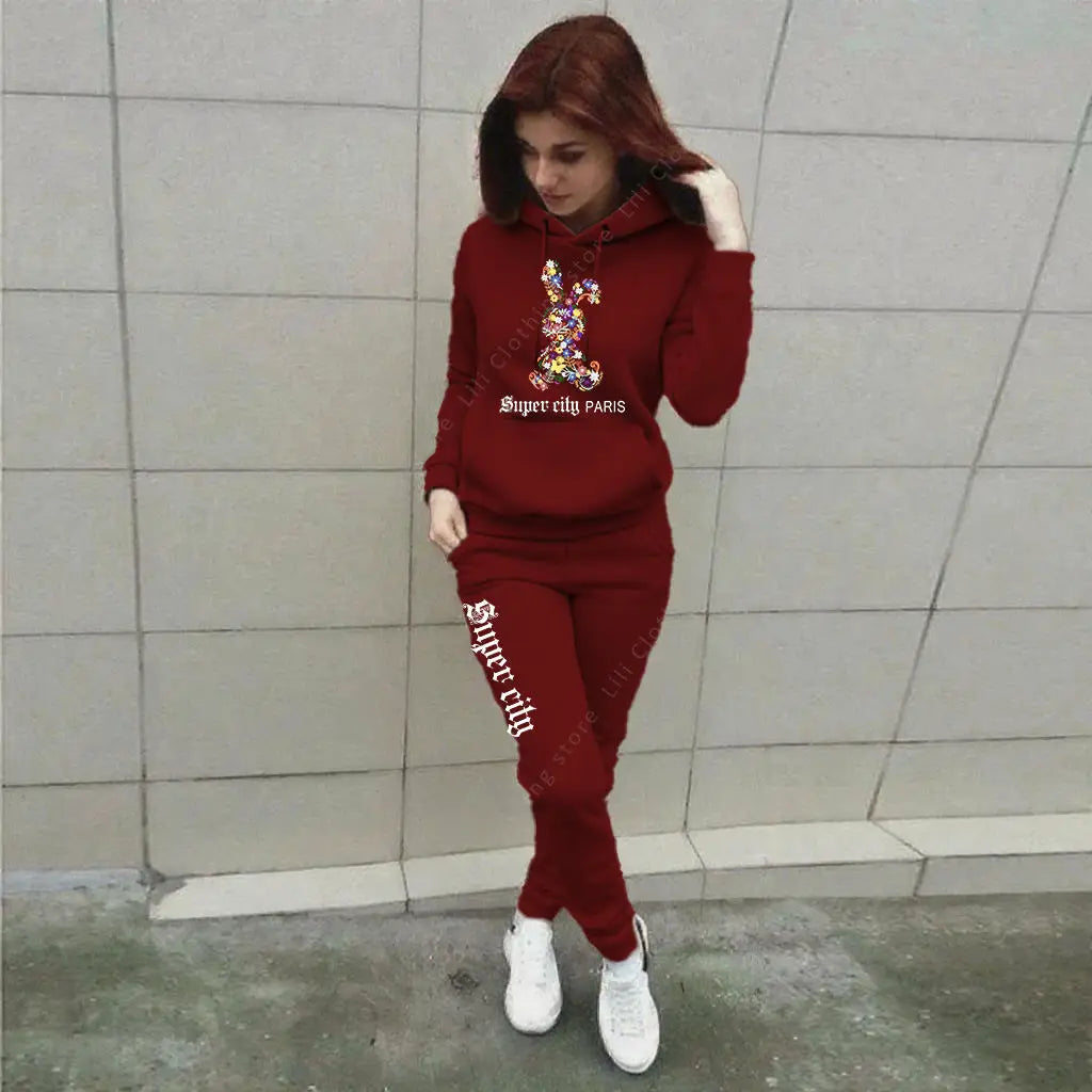 Hip-Hop Rainbow Bunny Rabbit Print Long Sleeve Hoodie Sweatshirt + Women's Jogger Sweatpants Tracksuit to 3X Plus Size