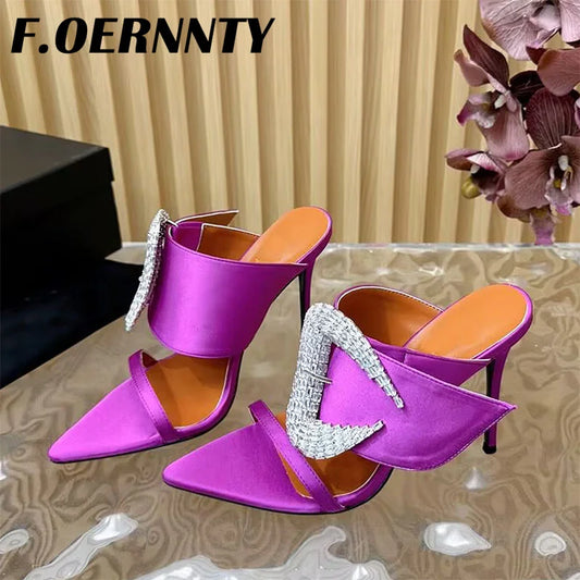 2024 New Satin Rhinestone One Strap Slippers Women Peep Toe High Heels Slides Women Sexy Pointed Toe Slingback Party Slippers